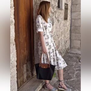 Zara Cotton Palm Print Belted Midi Dress Size Small NWT ZW Collection